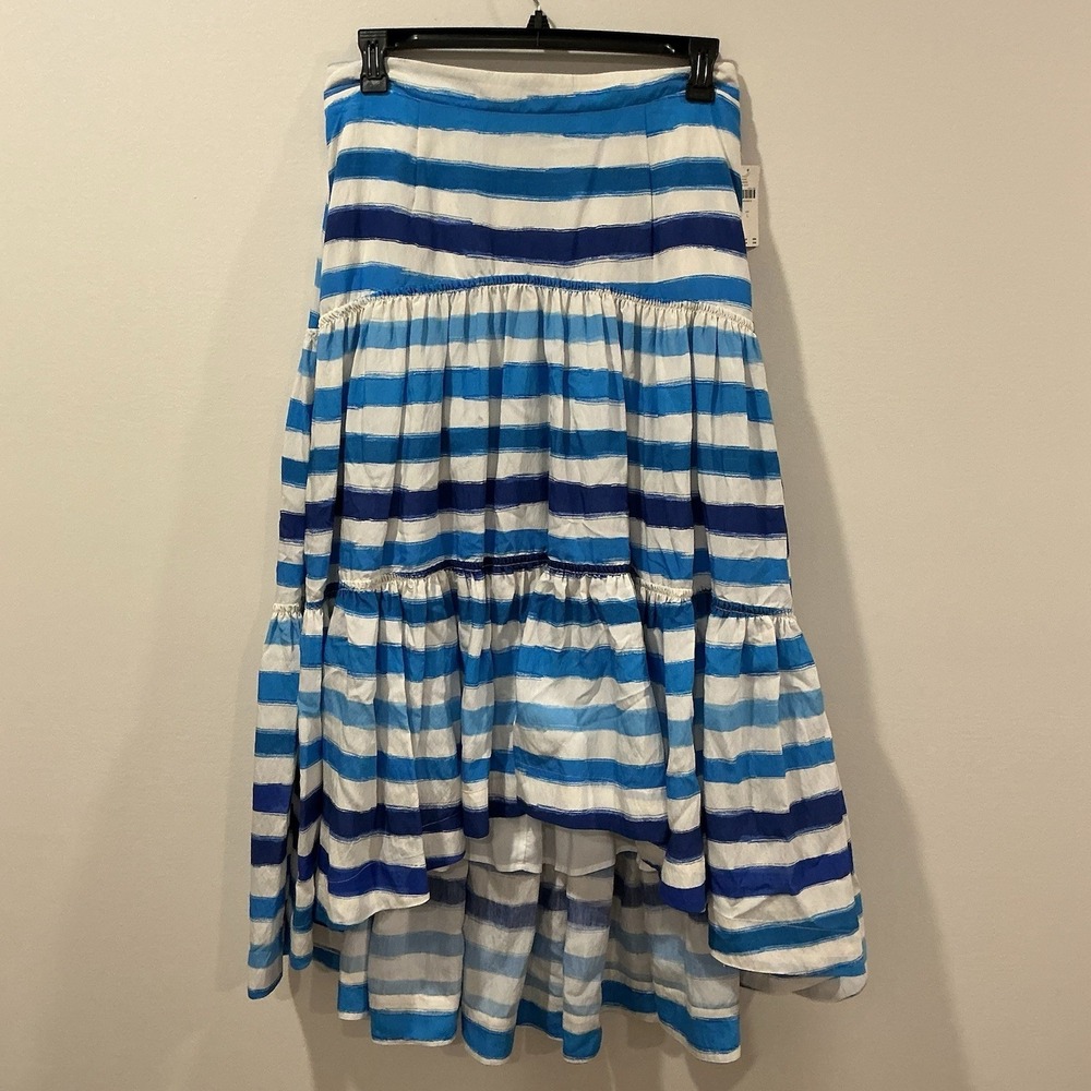 Maeve‎ Anthropologie A-Line Midi Skirt Blue White Hi-Low Tiered sz Large Coastal